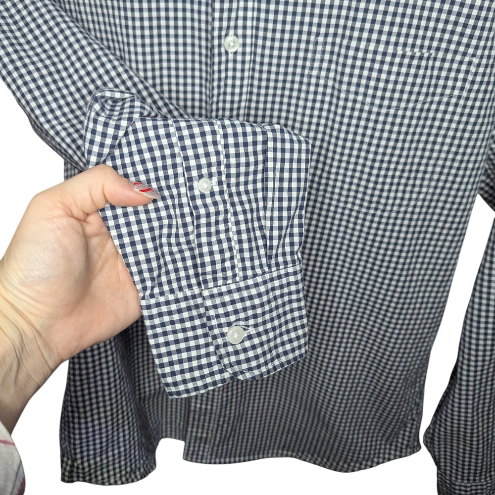 J.Crew Button Down Shirt Mens Large Short Navy Blue Gingham Slim Untucked Cotton - Picture 5 of 9
